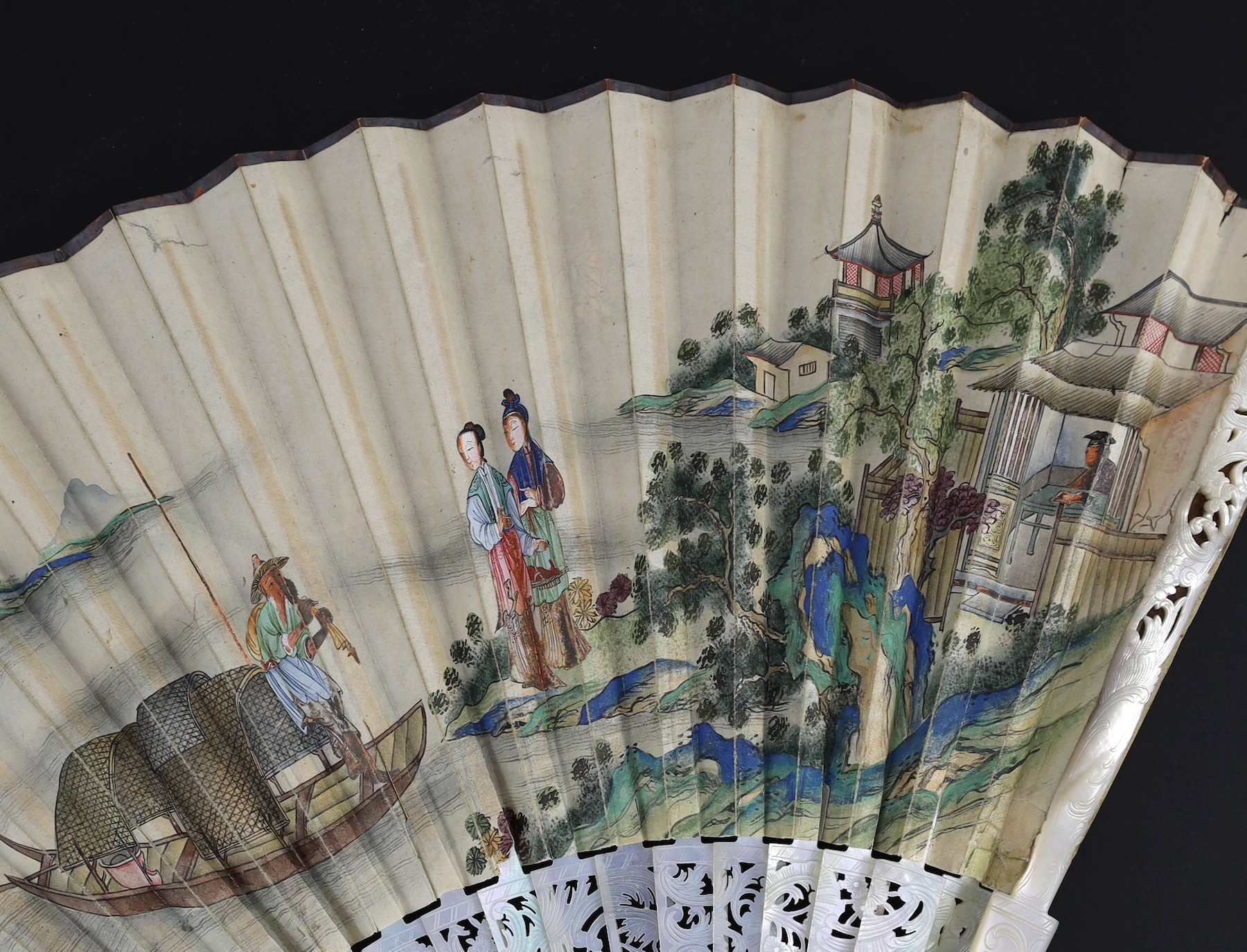A Chinese painted leaf fan with mother-of-pearl sticks, 19th century, 28cm, some damage to mother-of-pearl